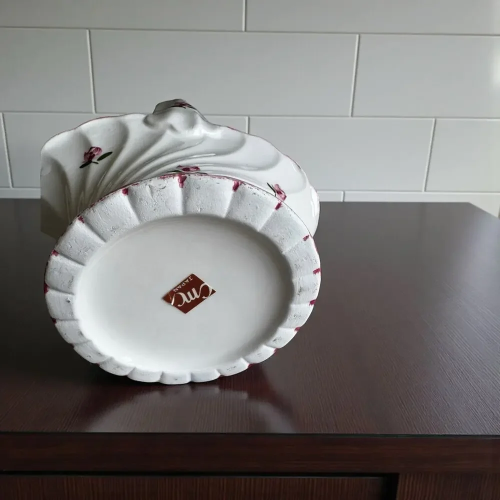 Vintage CMC Japan Ceramic Basket White Hand-Painted Pink Roses Grandmillennial